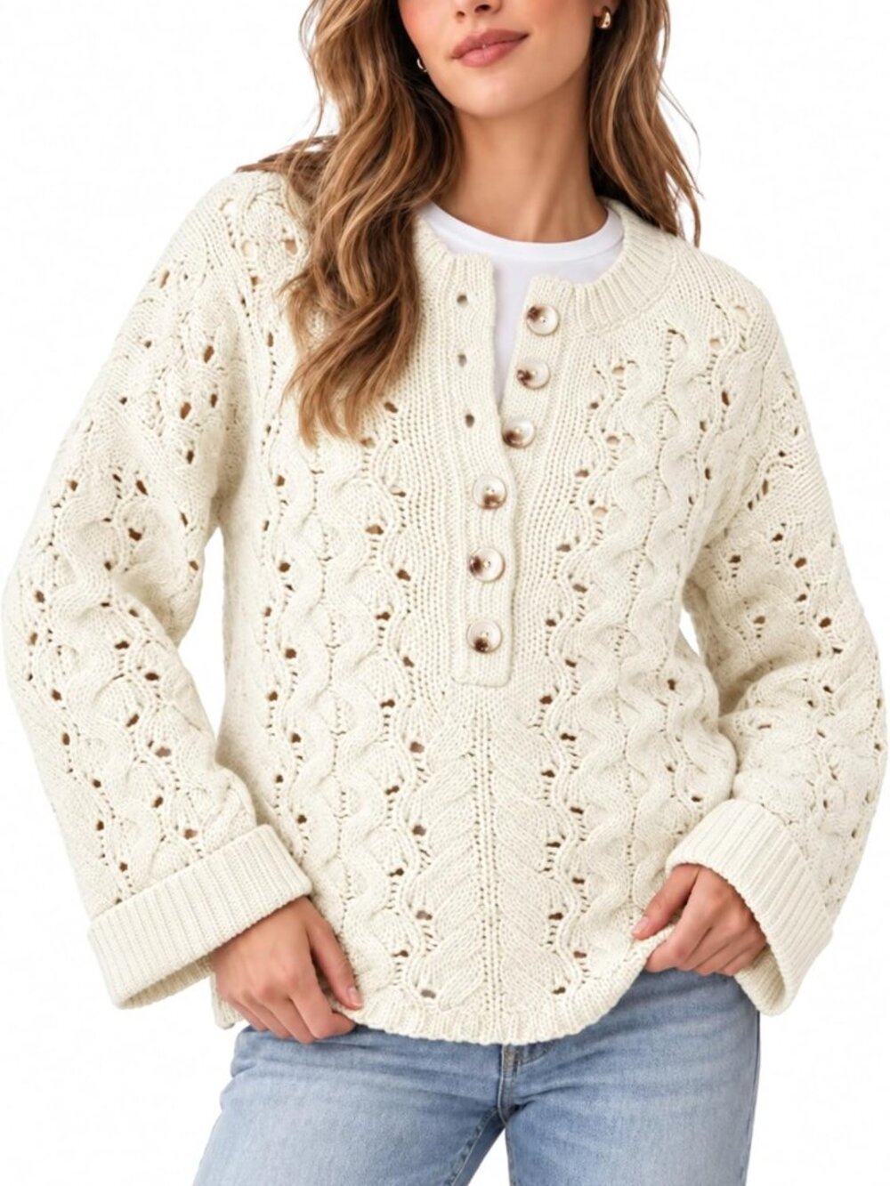 Cozy Cable Knit Henley Sweater | Long Sleeve Relaxed Fit Pullover for Women